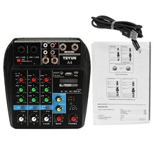 Load image into Gallery viewer, TU04 BT Sound Mixing Console Record 48V Phantom Power Monitor AUX Paths Plus Effects 4 Channels Audio Mixer with USB