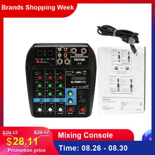 Load image into Gallery viewer, TU04 BT Sound Mixing Console Record 48V Phantom Power Monitor AUX Paths Plus Effects 4 Channels Audio Mixer with USB